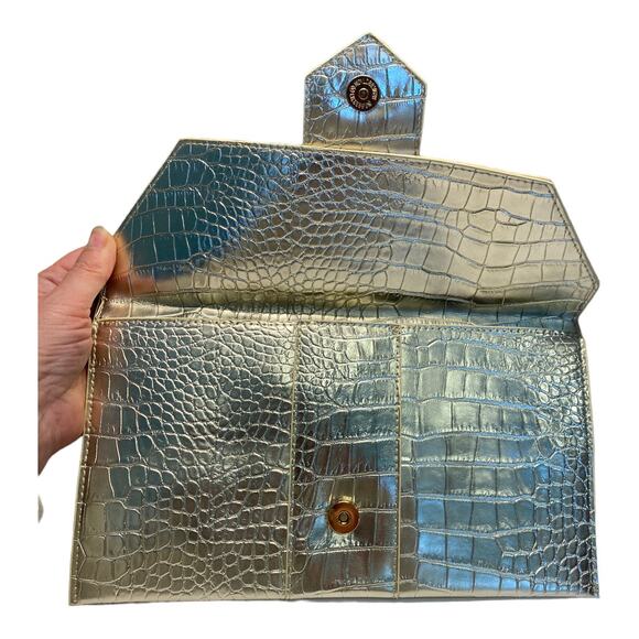 JJ Winters Envelope Clutch Small Gold Metallic Reptile Crocodile Faux Leather - Picture 5 of 6